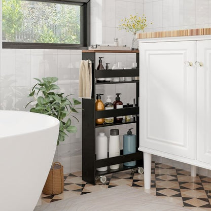 4-Tier Slim Storage Cart with Open Shelves and Wheels-Brown