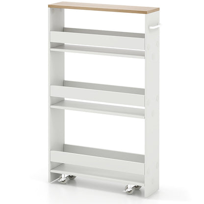 4-Tier Slim Storage Cart with Open Shelves and Wheels-Natural