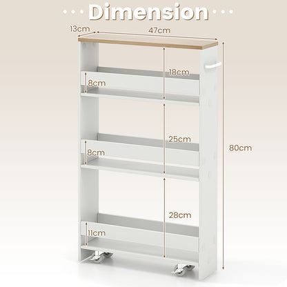 4-Tier Slim Storage Cart with Open Shelves and Wheels-Natural
