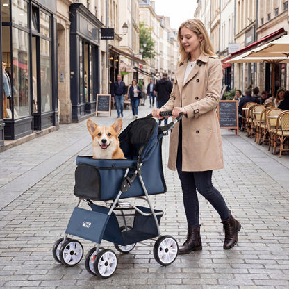 4-Wheel Pet Foldable Stroller with Breathable Mesh for Small Dogs Cats up to 15 KG-Blue