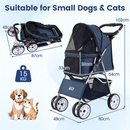4-Wheel Pet Foldable Stroller with Breathable Mesh for Small Dogs Cats up to 15 KG-Blue