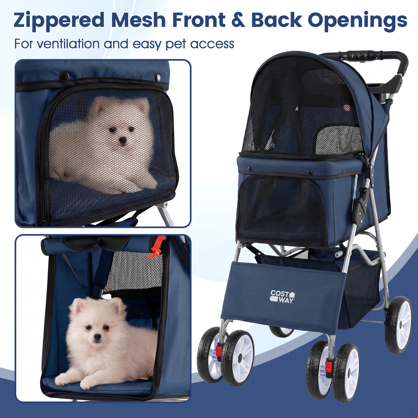 4-Wheel Pet Foldable Stroller with Breathable Mesh for Small Dogs Cats up to 15 KG-Blue