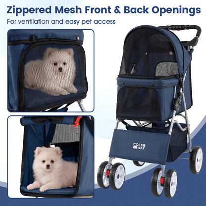 4-Wheel Pet Foldable Stroller with Breathable Mesh for Small Dogs Cats up to 15 KG-Blue