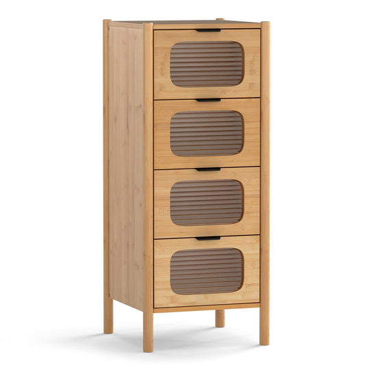 4-Drawer Dresser Bamboo Storage Cabinet with Fluted Tempered Glass Drawers-Natural