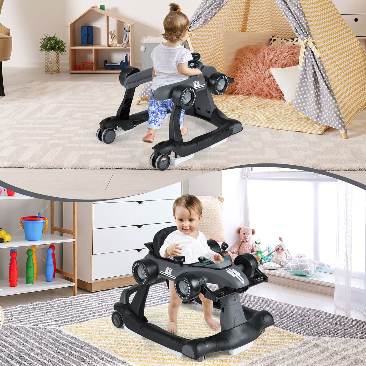 4-in-1 Baby Push Walker with Adjustable Height and Speed-Dark Grey