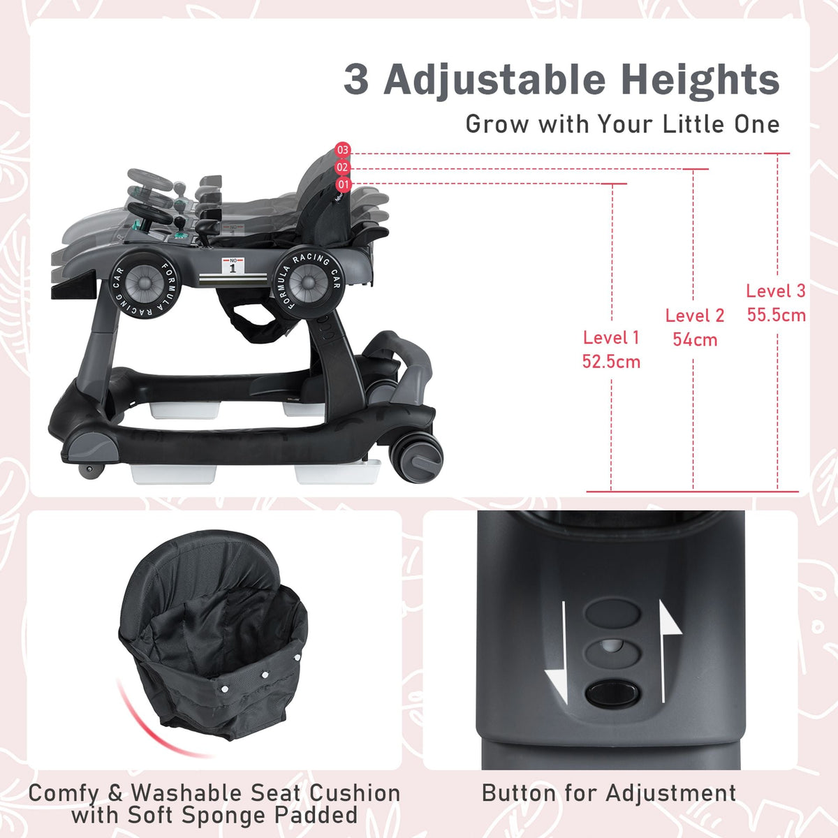 4-in-1 Baby Push Walker with Adjustable Height and Speed-Dark Grey