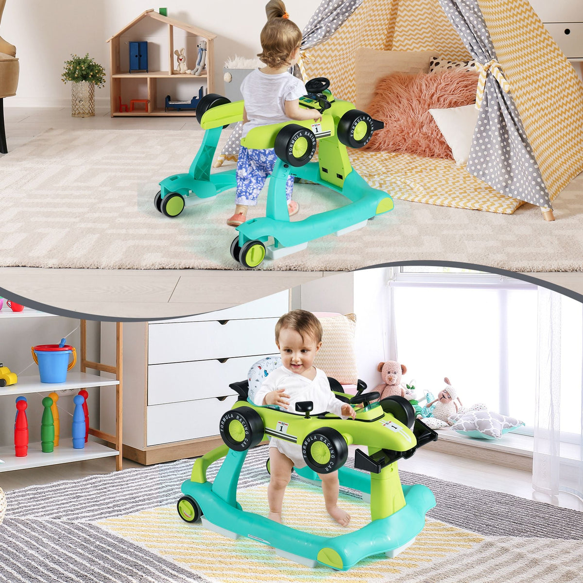 4-in-1 Baby Push Walker with Adjustable Height and Speed-Turquoise