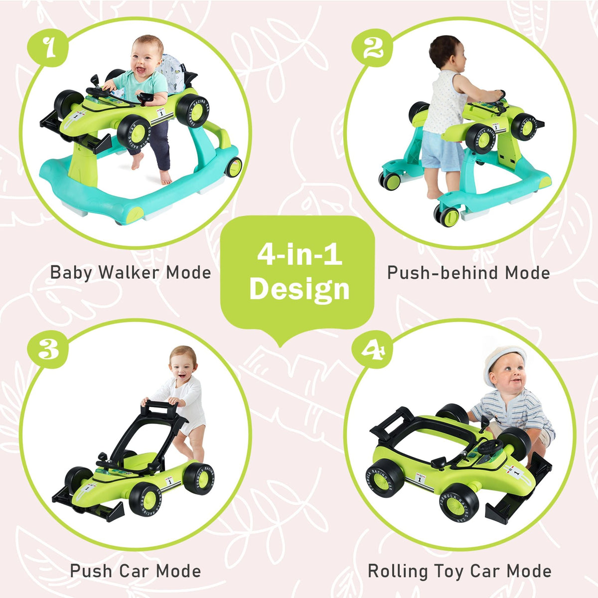 4-in-1 Baby Push Walker with Adjustable Height and Speed-Turquoise