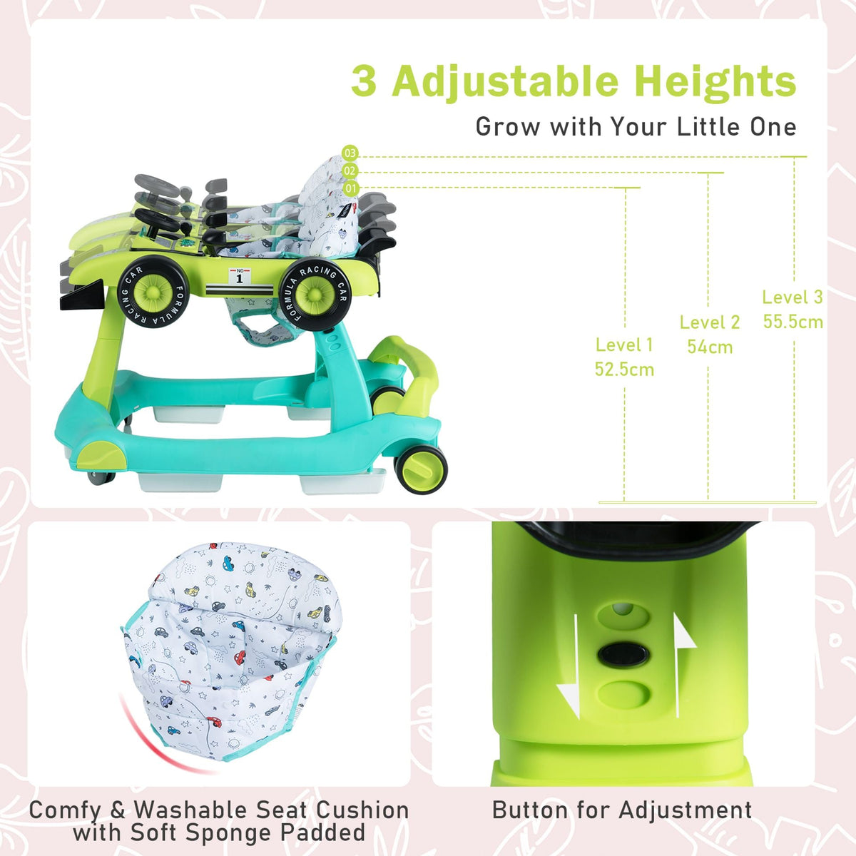 4-in-1 Baby Push Walker with Adjustable Height and Speed-Turquoise