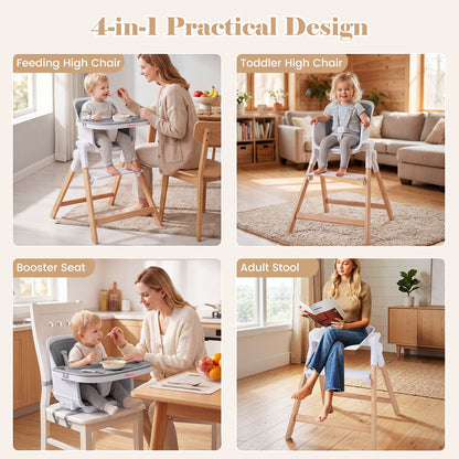 4-in-1 Convertible Baby High Chair with Detachable and Adjustable Tray-Grey
