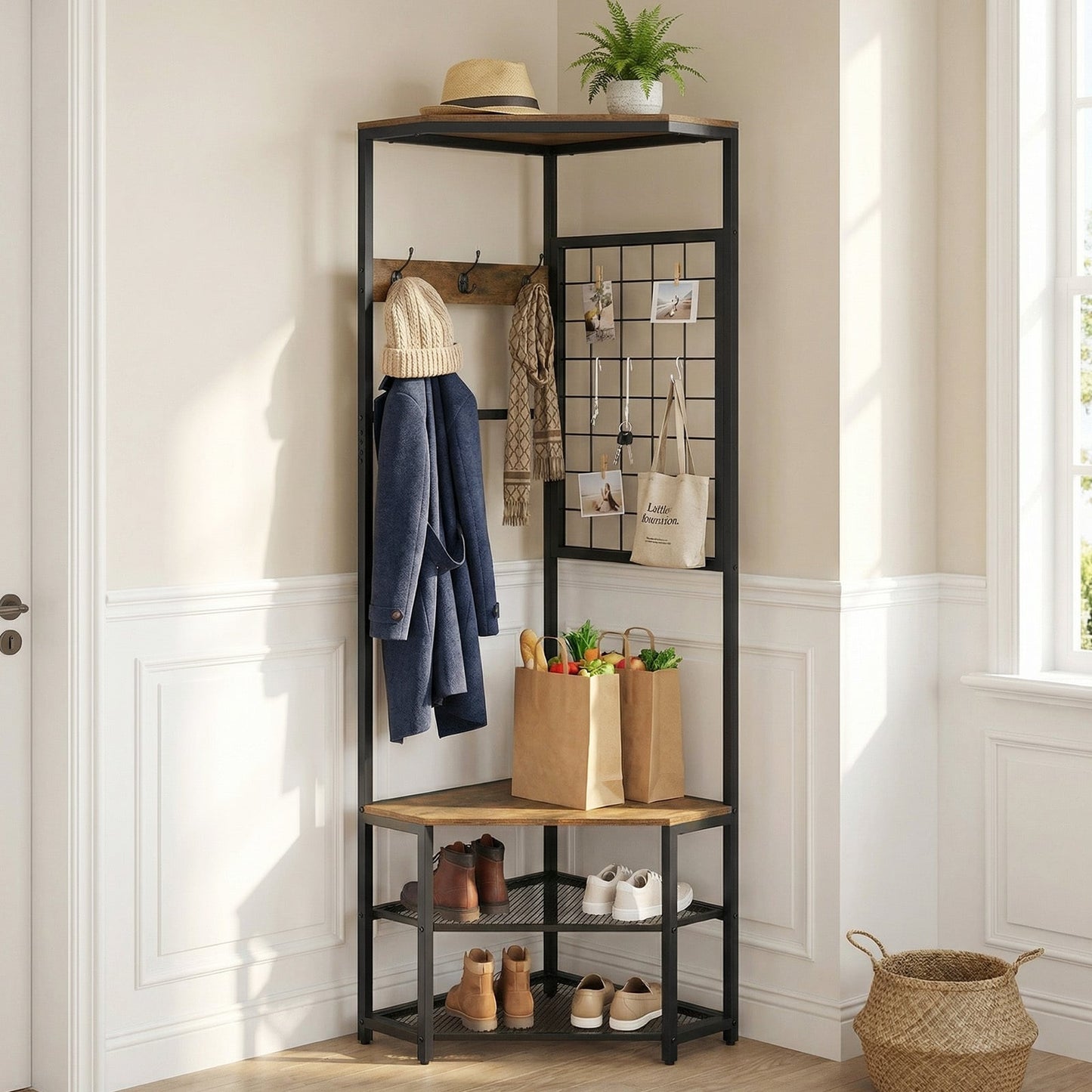 4-in-1 Freestanding Coat Rack with Storage Shelves Removable Hooks and Shoe Racks-Rustic Brown