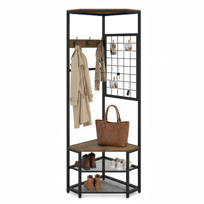 4-in-1 Freestanding Coat Rack with Storage Shelves Removable Hooks and Shoe Racks-Rustic Brown