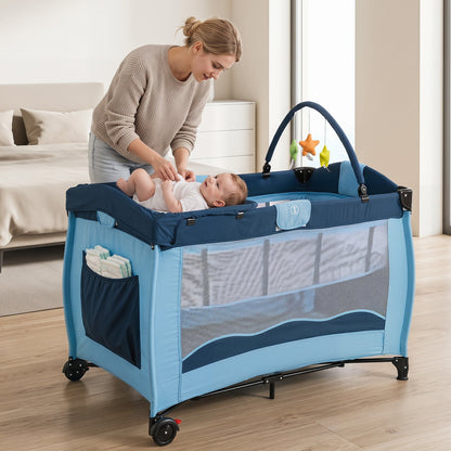 4 in 1 Pack and Play Foldable and Portable Baby Playard with Diaper Changing Table and 3 Hanging Toys-Blue