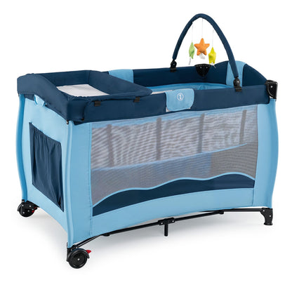 4 in 1 Pack and Play Foldable and Portable Baby Playard with Diaper Changing Table and 3 Hanging Toys-Blue