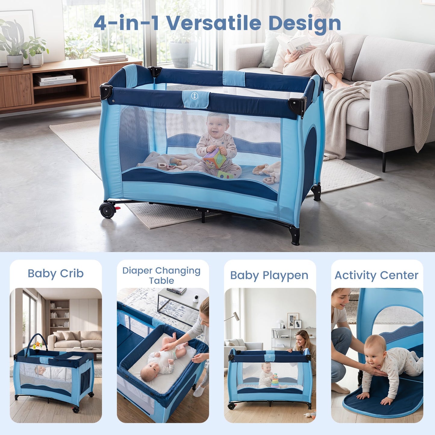 4 in 1 Pack and Play Foldable and Portable Baby Playard with Diaper Changing Table and 3 Hanging Toys-Blue