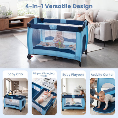 4 in 1 Pack and Play Foldable and Portable Baby Playard with Diaper Changing Table and 3 Hanging Toys-Blue