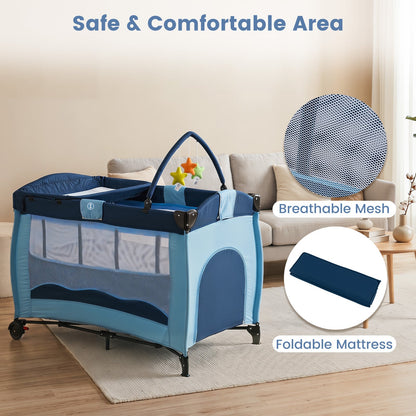 4 in 1 Pack and Play Foldable and Portable Baby Playard with Diaper Changing Table and 3 Hanging Toys-Blue
