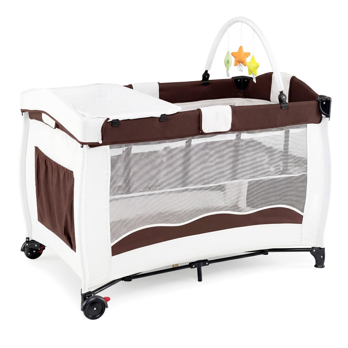 4 in 1 Pack and Play Foldable and Portable Baby Playard with Diaper Changing Table and 3 Hanging Toys-Brown