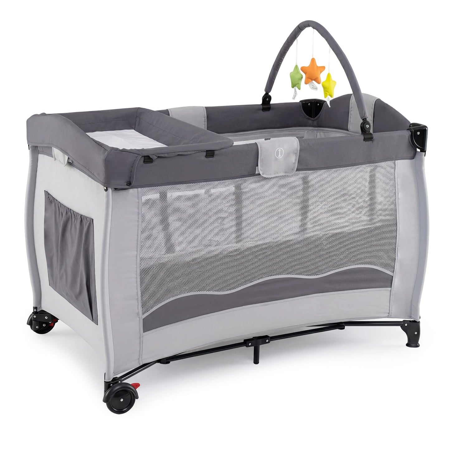 4 in 1 Pack and Play Foldable and Portable Baby Playard with Diaper Changing Table and 3 Hanging Toys-Grey