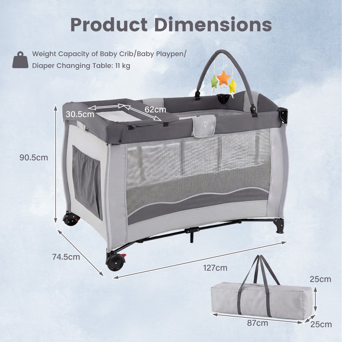4 in 1 Pack and Play Foldable and Portable Baby Playard with Diaper Changing Table and 3 Hanging Toys-Grey