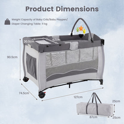 4 in 1 Pack and Play Foldable and Portable Baby Playard with Diaper Changing Table and 3 Hanging Toys-Grey