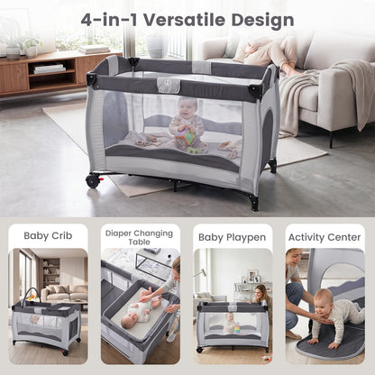 4 in 1 Pack and Play Foldable and Portable Baby Playard with Diaper Changing Table and 3 Hanging Toys-Grey