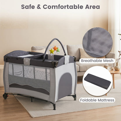 4 in 1 Pack and Play Foldable and Portable Baby Playard with Diaper Changing Table and 3 Hanging Toys-Grey