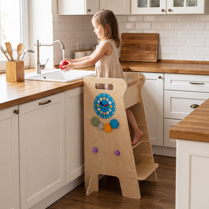 4-in-1 Toddler Tower with Chalkboard Slide and Montessori Games