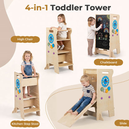4-in-1 Toddler Tower with Chalkboard Slide and Montessori Games