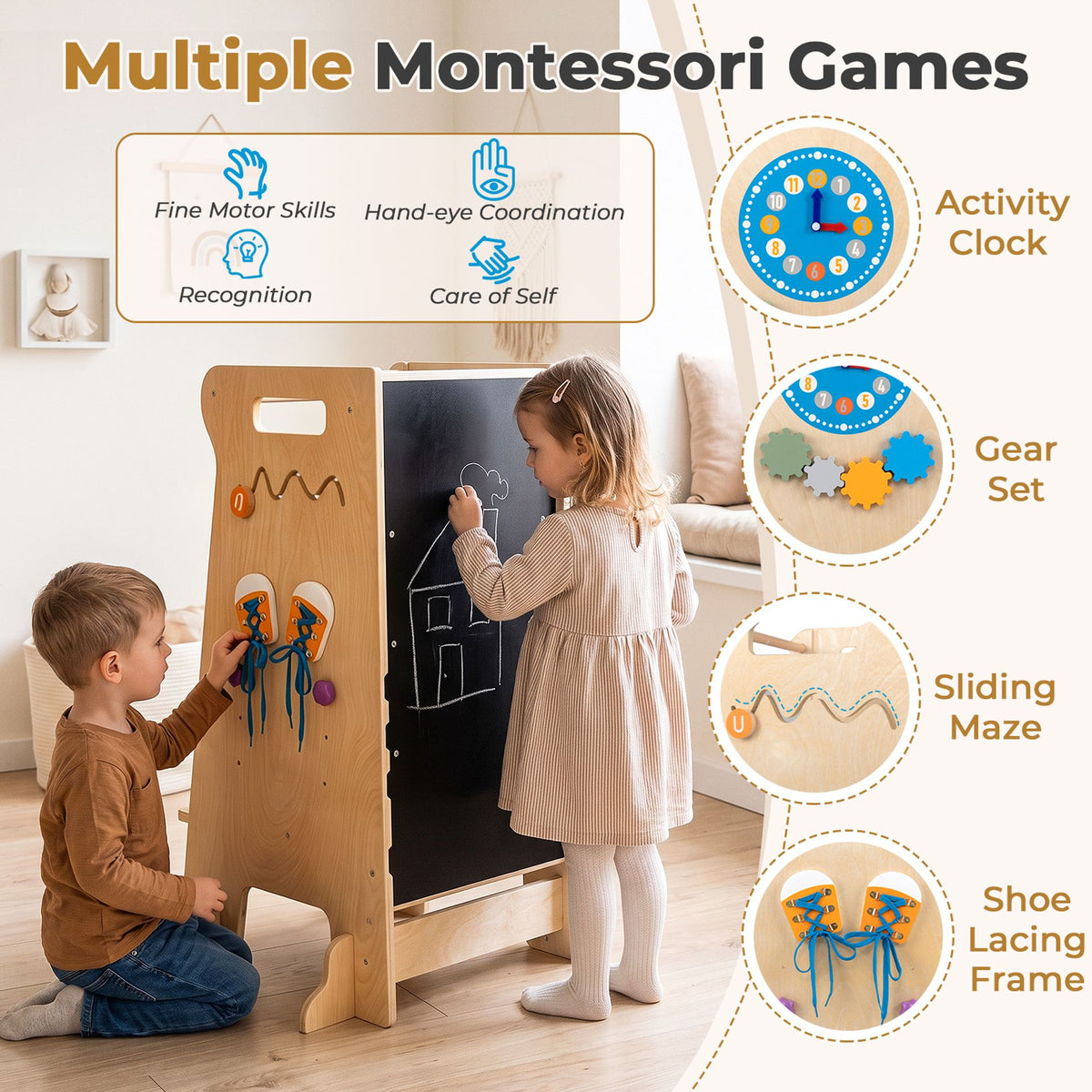 4-in-1 Toddler Tower with Chalkboard Slide and Montessori Games