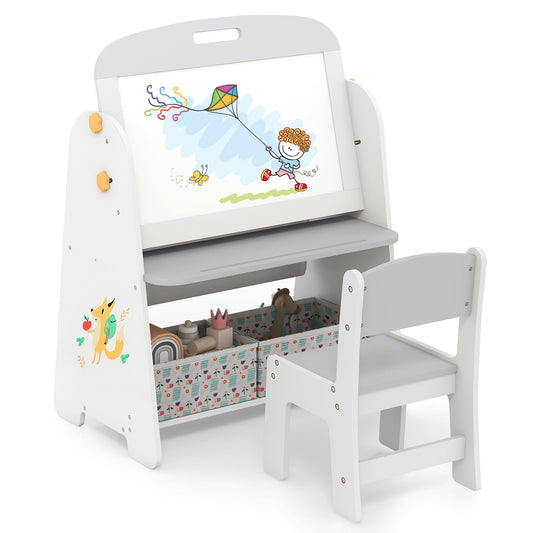 4-in-1 Art Easel and Bookshelf with Magnetic Whiteboard and Blackboard-Grey