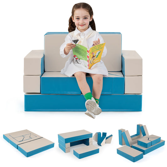 4-in-1 Convertible Foam Couch Play Set with Skin-friendly PU Leather Cover and Zippers-Blue