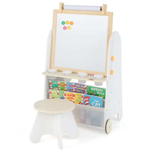 4-in-1 Toddler Activity Table Set with Magnetic Whiteboard and Bookshelves-Natural