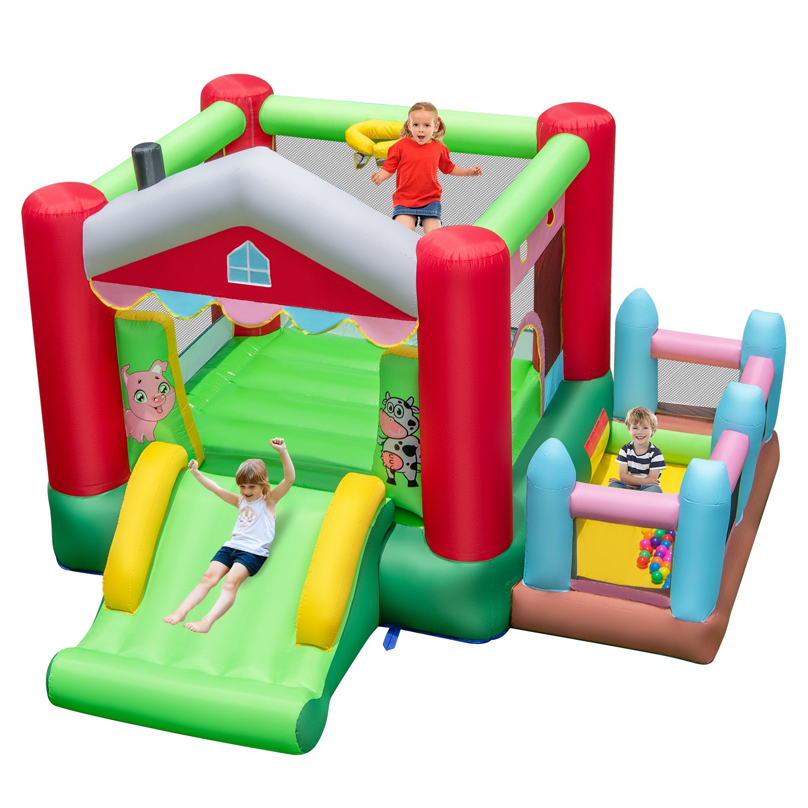 4-in-1 Farm Themed Inflatable Bounce House with 480W Blower