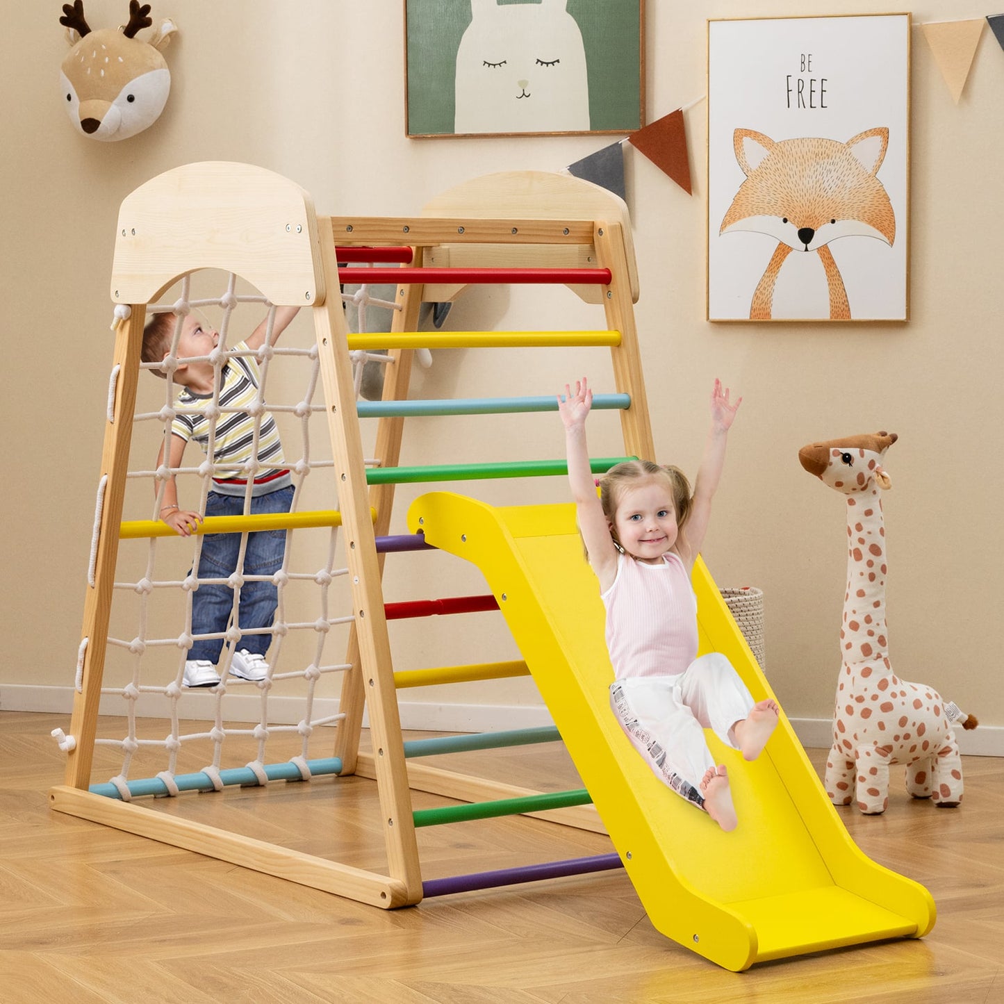 4-in-1 Jungle Gym Wooden Indoor Toddler Playground with Slide-Colourful