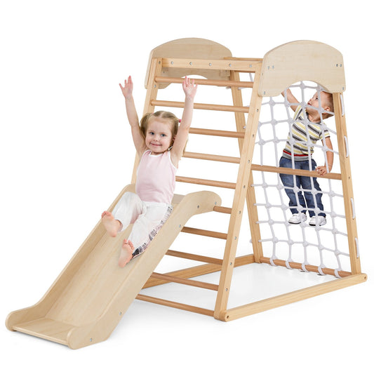 4-in-1 Jungle Gym Wooden Indoor Toddler Playground with Slide-Natural