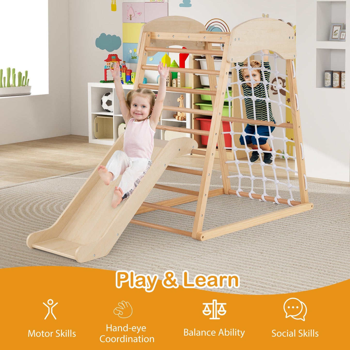 4-in-1 Jungle Gym Wooden Indoor Toddler Playground with Slide-Natural