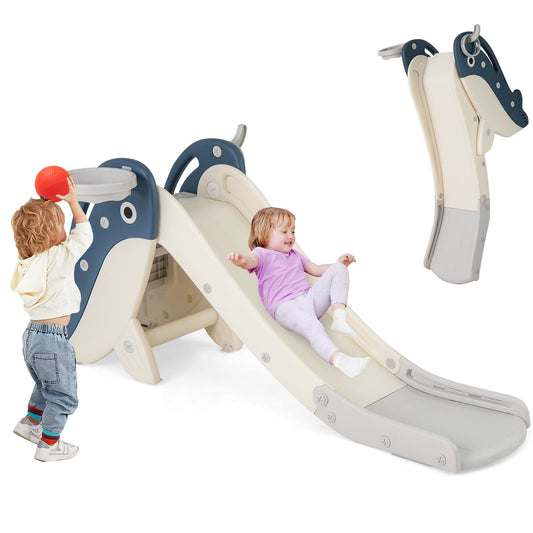 4-in-1 Toddler Slide with Basketball Hoop and Space-saving Folding Design-Blue