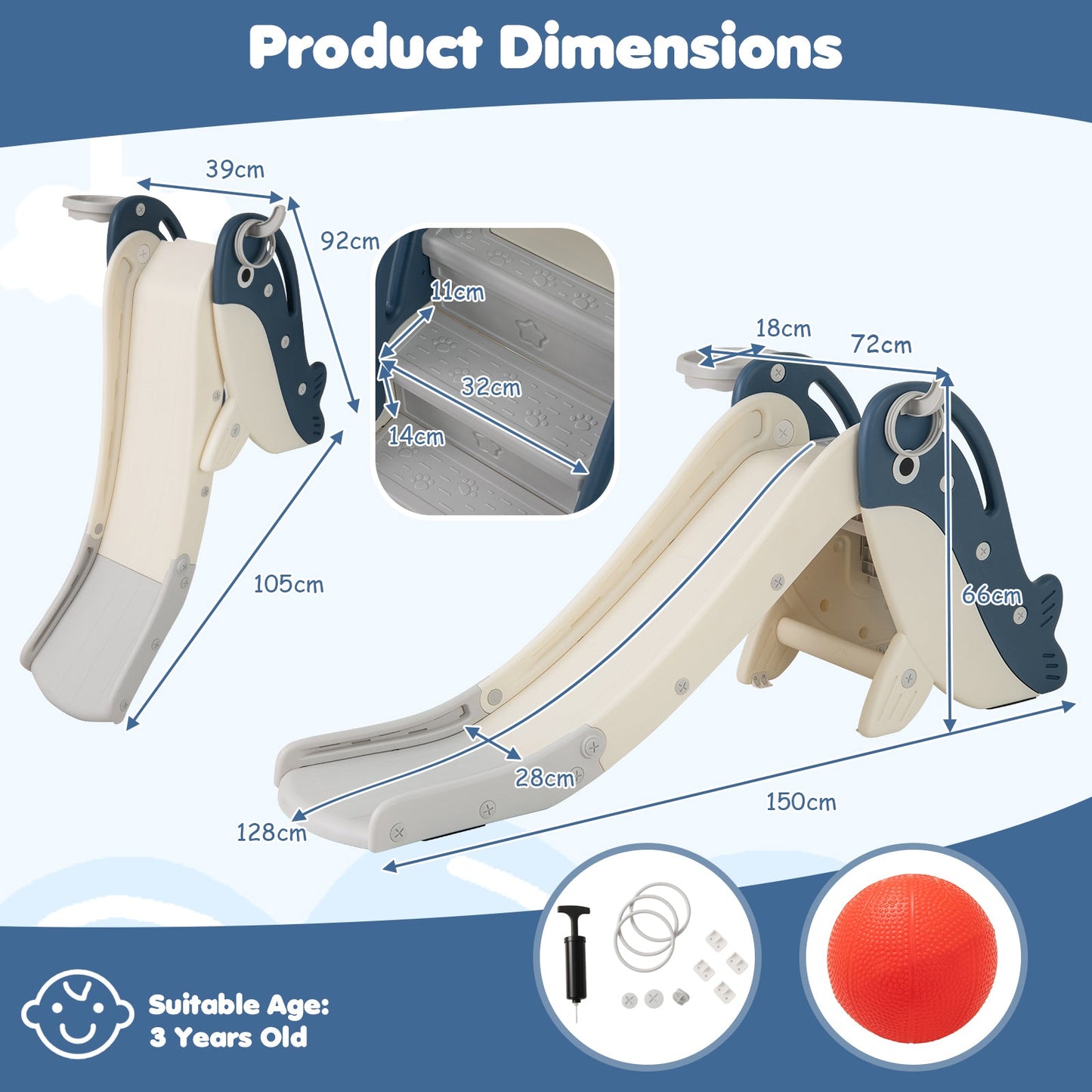 4-in-1 Toddler Slide with Basketball Hoop and Space-saving Folding Design-Blue