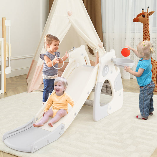 Foldable Toddler Slide with Basketball Hoop and Ball-Grey