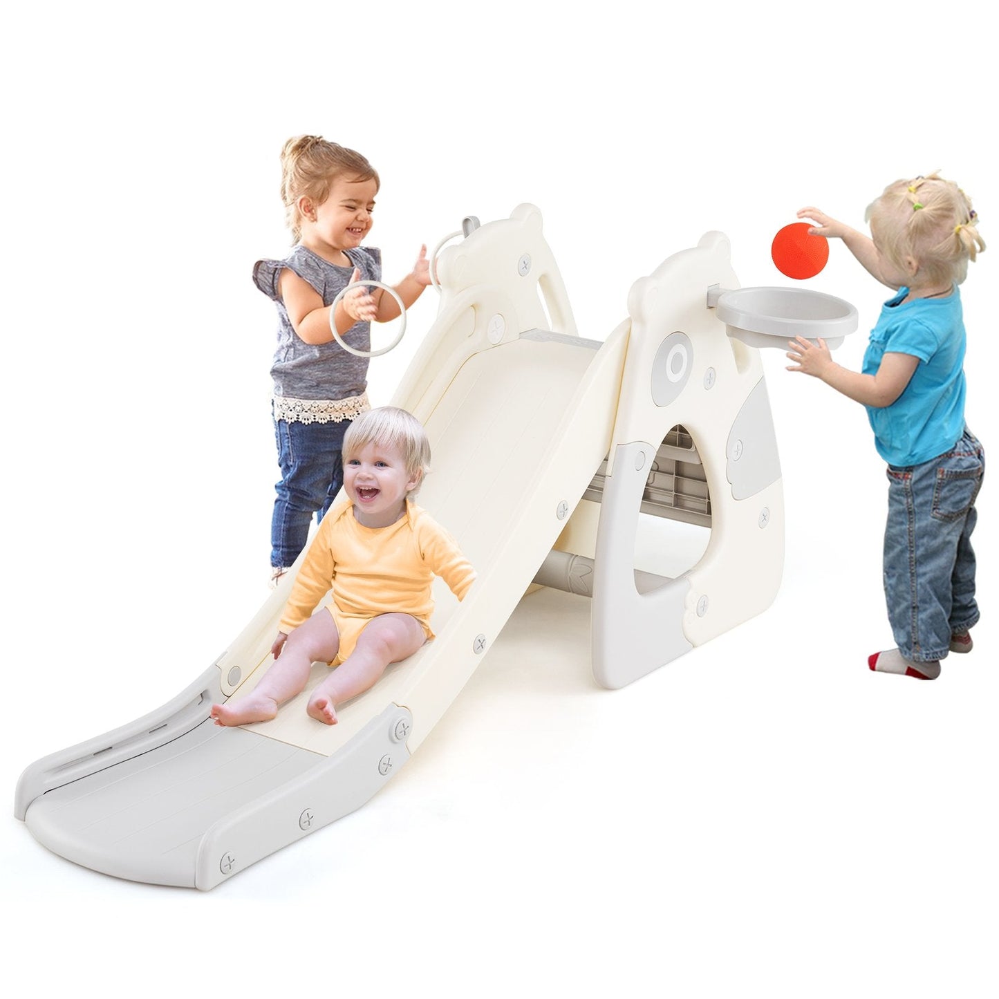 Foldable Toddler Slide with Basketball Hoop and Ball-Grey