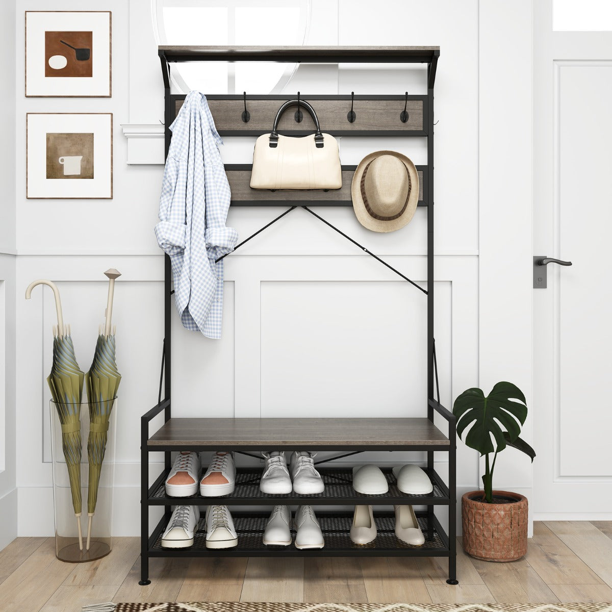 4-In-1 Coat Rack with 11 Hanging Hooks and Shoe Bench for Mudroom-Grey