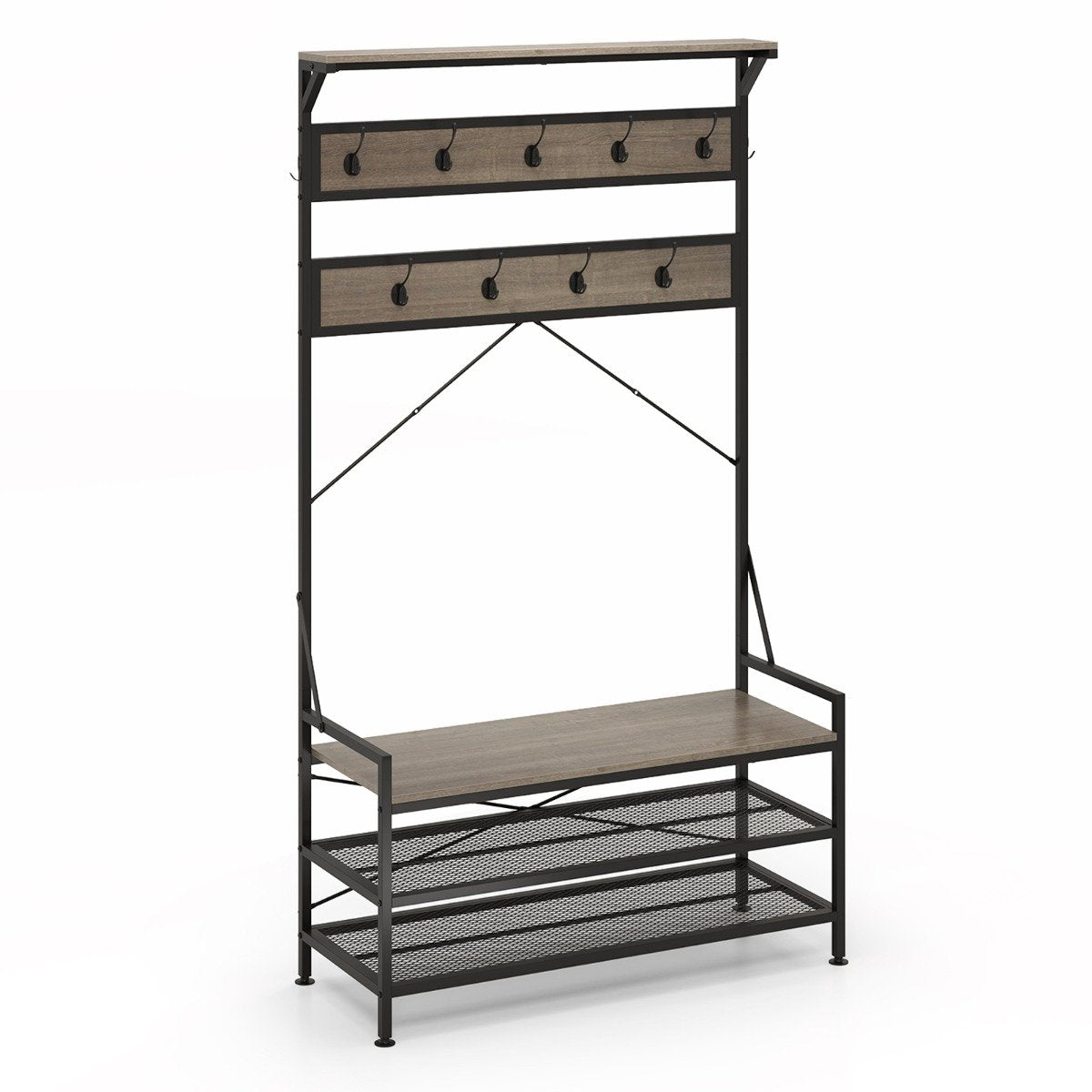 4-In-1 Coat Rack with 11 Hanging Hooks and Shoe Bench for Mudroom-Grey