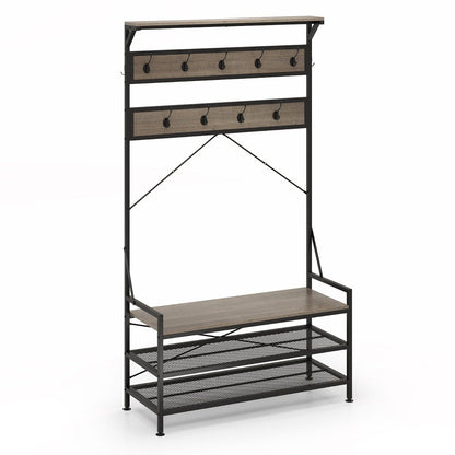 4-In-1 Coat Rack with 11 Hanging Hooks and Shoe Bench for Mudroom-Grey