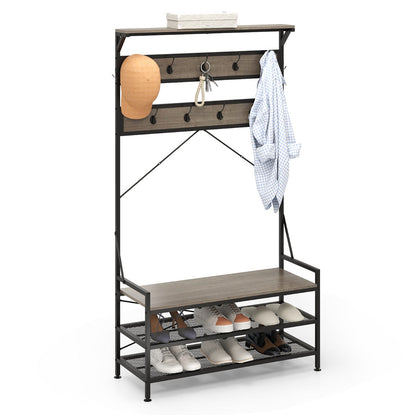 4-In-1 Coat Rack with 11 Hanging Hooks and Shoe Bench for Mudroom-Grey