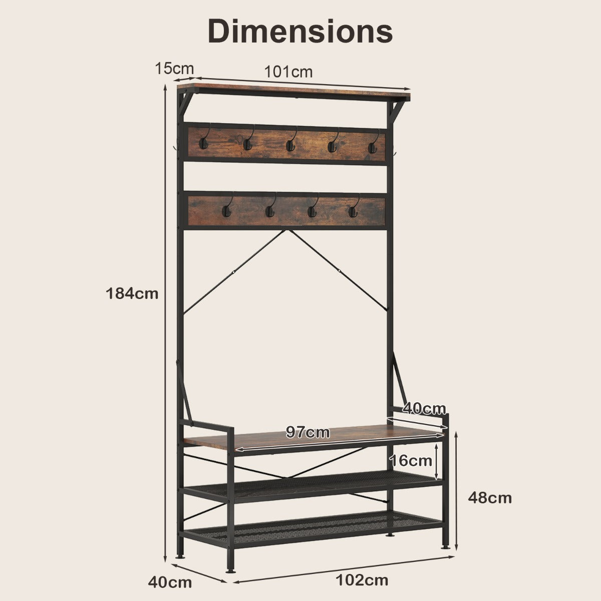 4-In-1 Coat Rack with 11 Hanging Hooks and Shoe Bench for Mudroom-Rustic Brown