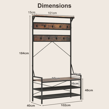 4-In-1 Coat Rack with 11 Hanging Hooks and Shoe Bench for Mudroom-Rustic Brown