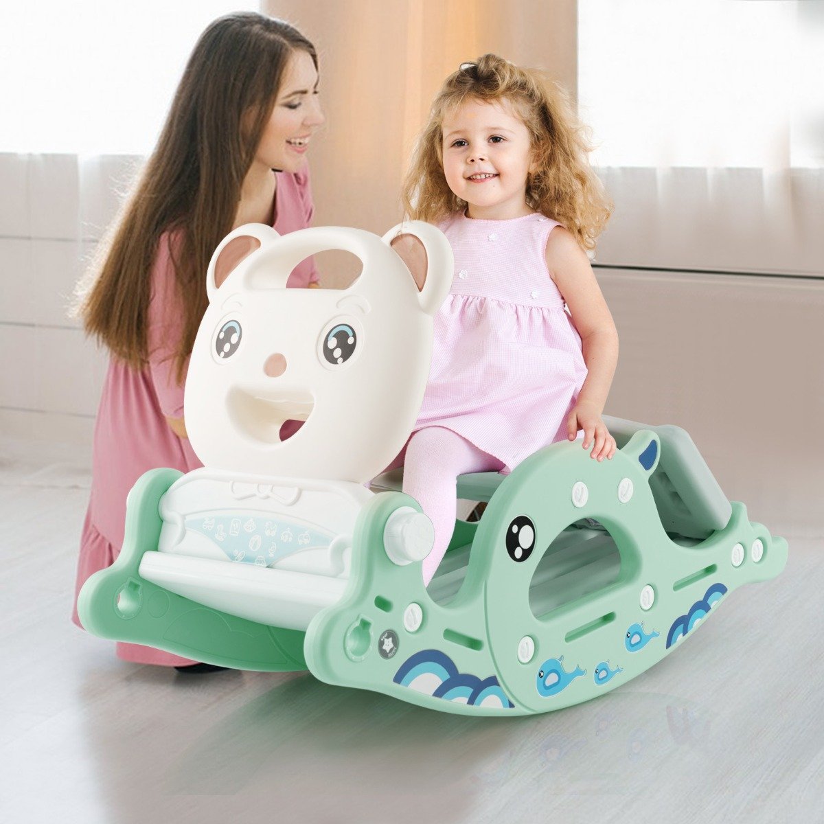 4-in-1 Kids Slide Rocking Horse with Basketball &amp; Ring Toss for Kids 1-4 Years Old-Green