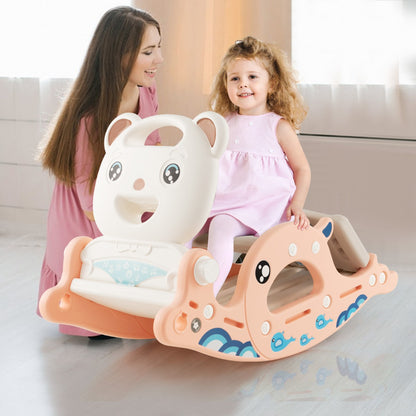 4-in-1 Kids Slide Rocking Horse with Basketball &amp; Ring Toss for Kids 1-4 Years Old-Pink