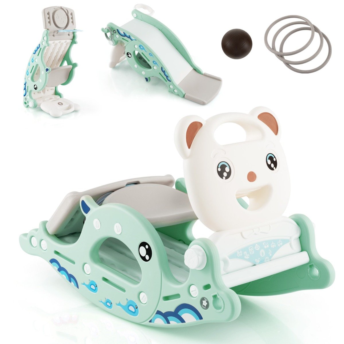 4-in-1 Kids Slide Rocking Horse with Basketball &amp; Ring Toss for Kids 1-4 Years Old-Green